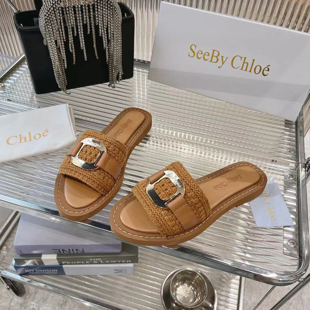 WOVEN SLIDE MULE IN RUSSET BROWN WOOL AND LAMBSKIN GOLD HARDWARE