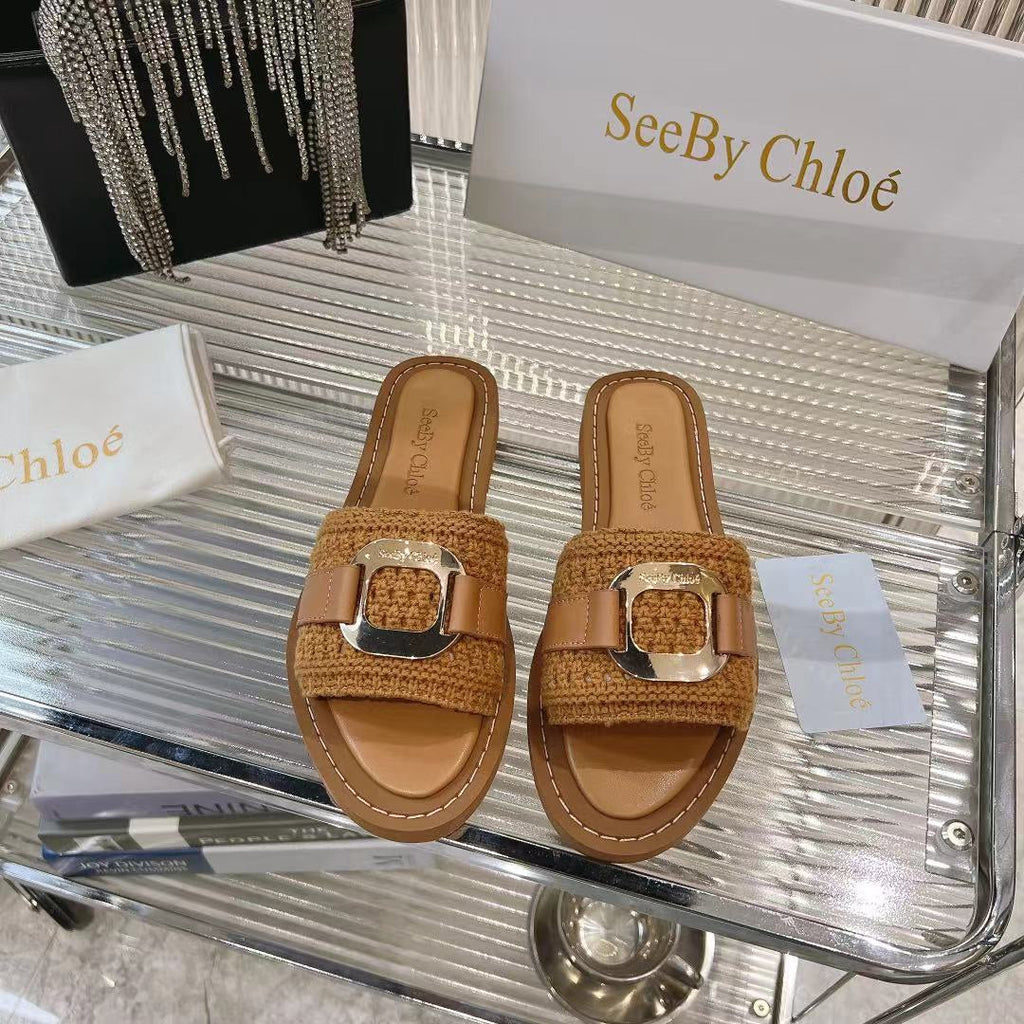 WOVEN SLIDE MULE IN RUSSET BROWN WOOL AND LAMBSKIN GOLD HARDWARE