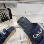 CHLOÉ MILA PLATFORM 5 CM IN NAVY BLUE FABRIC AND BEIGE RAFFIA