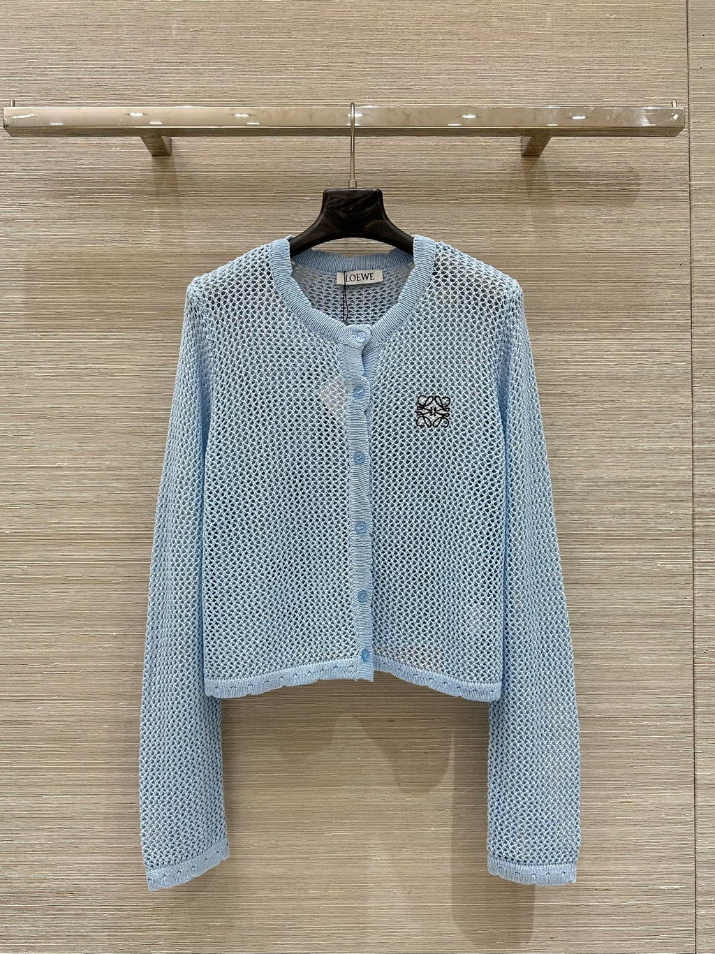 Loewe 25 Mesh Hollow Knitted Cardigan Blue Wool