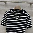 Loewe 25 Striped Knitted Polo Short-sleeved Top Black Tencel