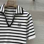Loewe 25 Striped Knitted Polo Short-sleeved Top White Tencel