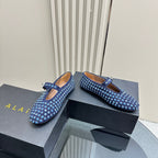 ALAIA CRYSTAL EMBELLISHED BALLET FLATS IN NAVY BLUE SUEDE