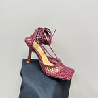 STRETCH HIGH HEELS 9 CM IN SANGRIA RED METALLIZE MESH AND LEATHER