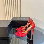 ALAIA HIGH FISHNET PUMPS WITH STUDS IN CHERRY RED LYCRA MESH AND LAMBSKIN