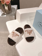 PRADA 25S FLAT MULES IN WHITE AND DARK BROWN RABBIT FUR