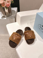 PRADA 25S FLAT MULES IN DARK BROWN RABBIT FUR