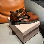 Square Toe Thick Heel Retro Mary Jane Shoes Chestnut Calfskin