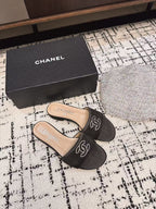 SLIPPERS IN BLACK SATIN MIX CALFSKIN