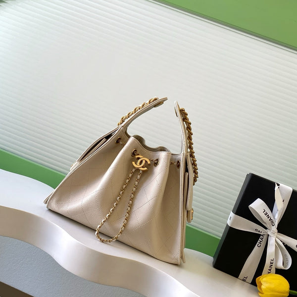 CHANEL 25S HOBO BAG 30 IN LIGHT BEIGE CAVIAR LEATHER WITH GOLD HARDWARE