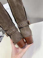 CELINE 25S BULKY LACED UP BOOTS 45MM IN CHARCOAL BROWN SUEDE