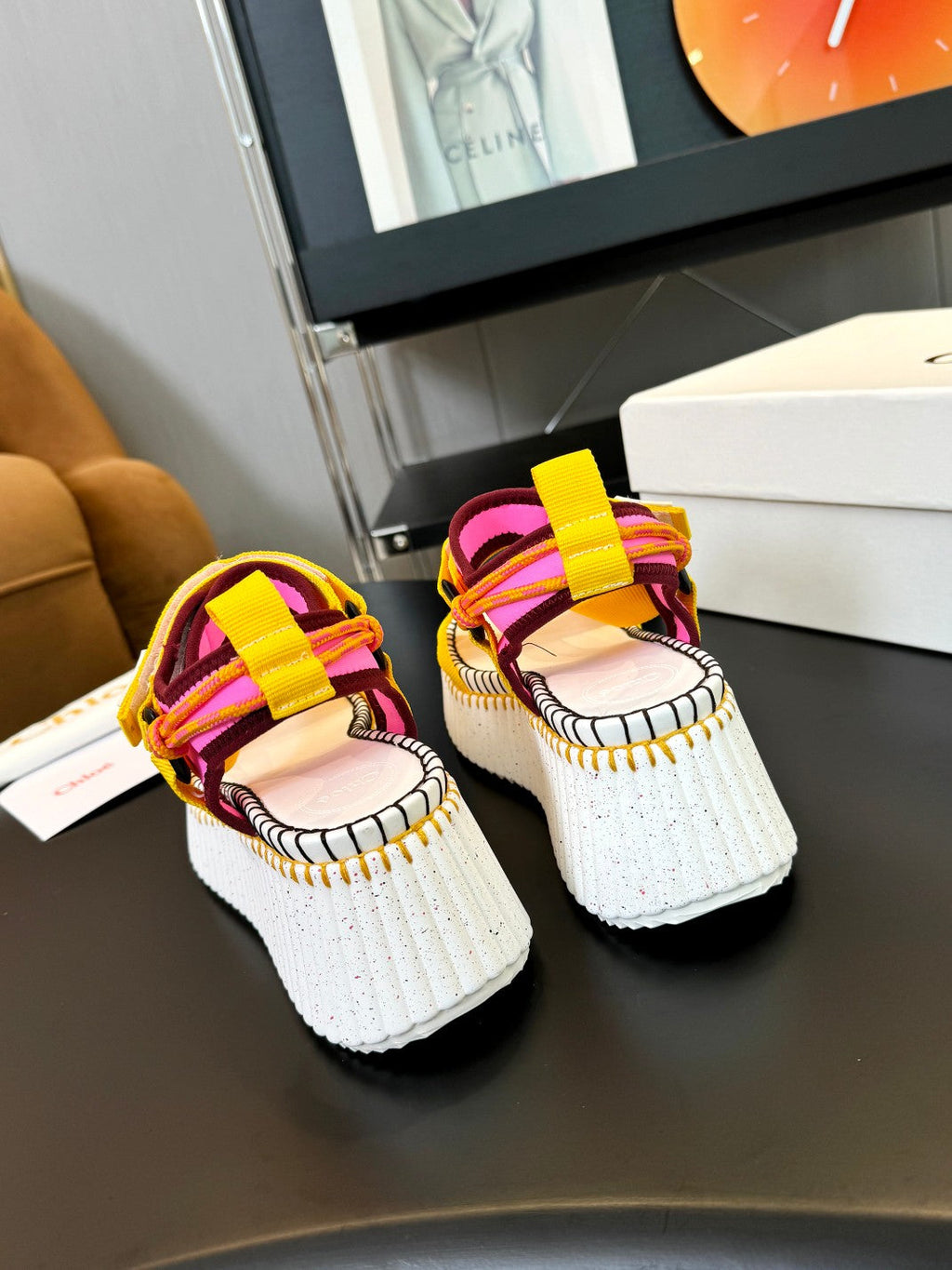 CHLOÉ NAMA WEDGE SANDALS IN BRIGHT YELLOW FABRIC AND WHITE RUBBER