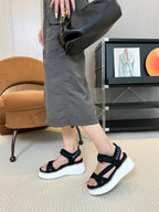 NAMA WEDGE SANDALS IN BLACK FABRIC AND WHITE RUBBER