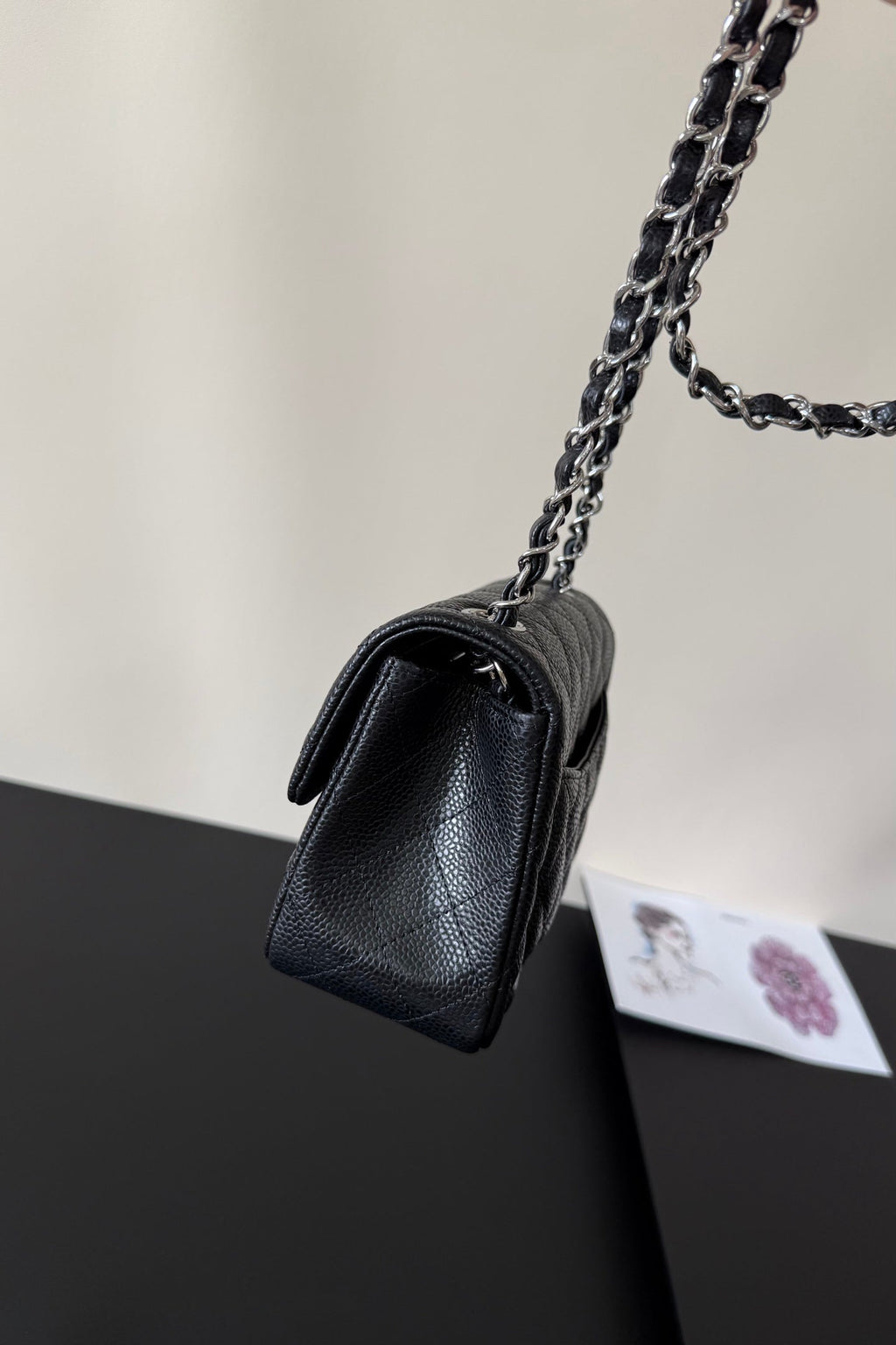 CC Flap Bag 17cm Black Caviar SHW 284755