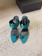 MARTHA POINTED OPEN-TOE HIGH MULES IN TEAL GREEN SILK