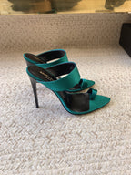 MARTHA POINTED OPEN-TOE HIGH MULES IN TEAL GREEN SILK