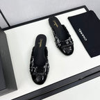 BOW MULE IN BLACK MIX WHITE FUR AND CALFSKIN
