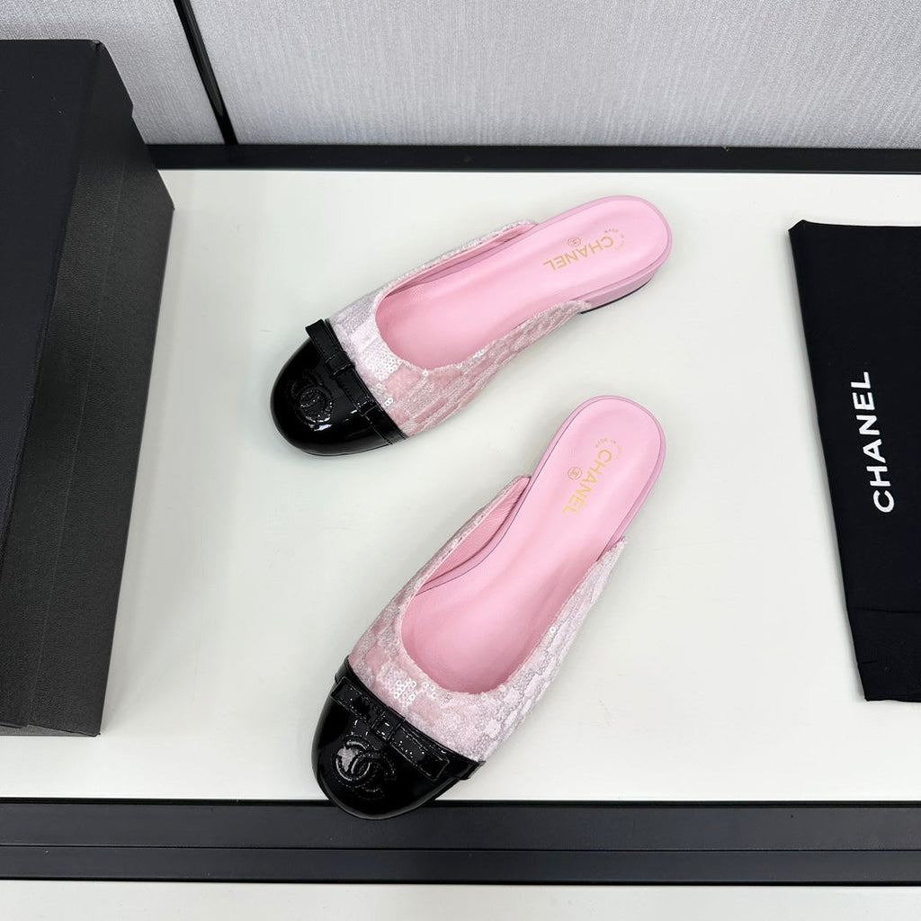 BOW MULE IN LIGHT PINK FABRIC AND BLACK CALFSKIN