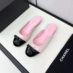 BOW MULE IN LIGHT PINK FABRIC AND BLACK CALFSKIN