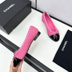 BALLET FLATS IN BRIGHT PINK TWEED AND BLACK CALFSKIN