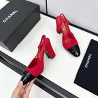 HIGH SLINGBACK ROSE RED TWEED AND BLACK CALFSKIN