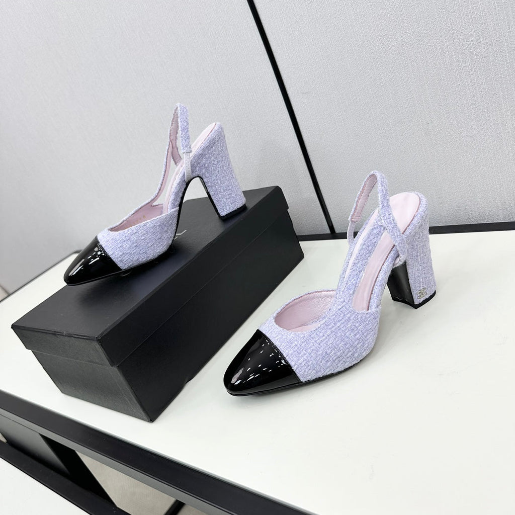HIGH SLINGBACK LIGHT BLUE TWEED AND BLACK CALFSKIN