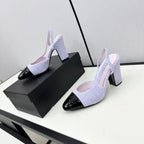 HIGH SLINGBACK LIGHT BLUE TWEED AND BLACK CALFSKIN