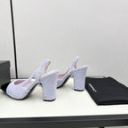 HIGH SLINGBACK LIGHT BLUE TWEED AND BLACK CALFSKIN