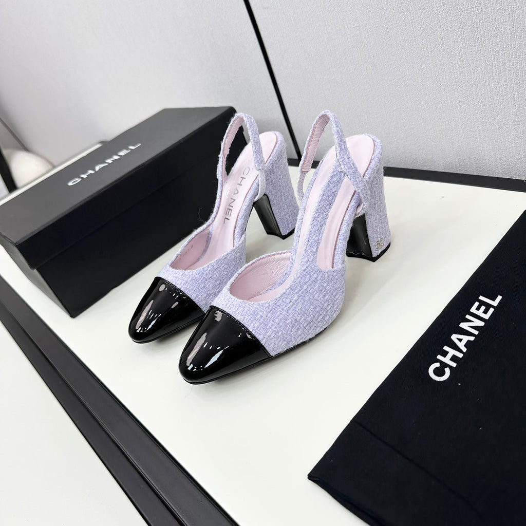 HIGH SLINGBACK LIGHT BLUE TWEED AND BLACK CALFSKIN