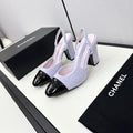 HIGH SLINGBACK LIGHT BLUE TWEED AND BLACK CALFSKIN