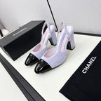 HIGH SLINGBACK LIGHT BLUE TWEED AND BLACK CALFSKIN