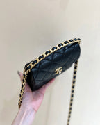 25S CHANEL TOTE CROSSBODY BAG 19 IN BLACK CALFSKIN WITH METAL HANDLE