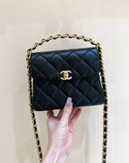 25S CHANEL TOTE CROSSBODY BAG 19 IN BLACK CALFSKIN WITH METAL HANDLE