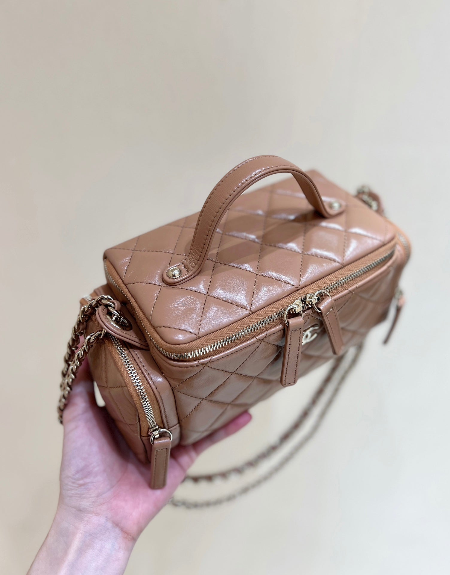 CC 24K Handle Camera Bag 23cm Brown Lambskin Light GHW