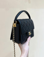 Chanel 24K Handle Flap Bag Black Calfskin Leather