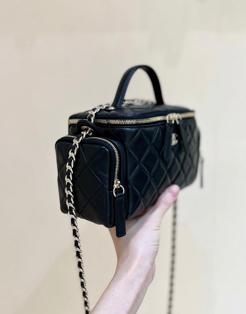 CC 24K Handle Camera Bag 23cm Black Lambskin Light GHW