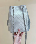 DRAWSTRING BUCKET BACKPACK 24 IN SILVER-TONE LAMBSKIN SILVER HARDWARE