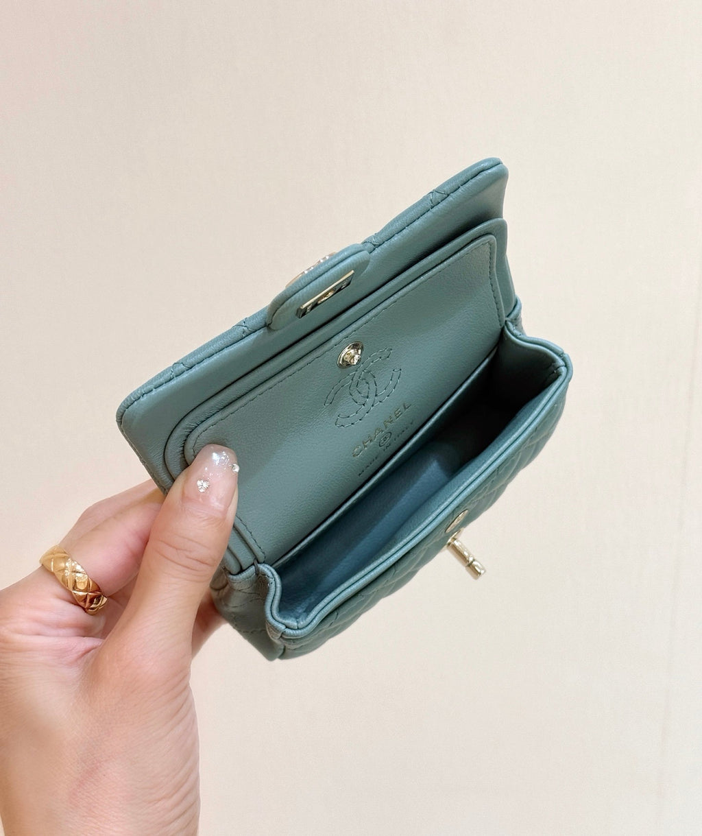 25S CHANEL MINI CF BAG 12 IN MUTED TEAL LAMBSKIN HEART MODEL