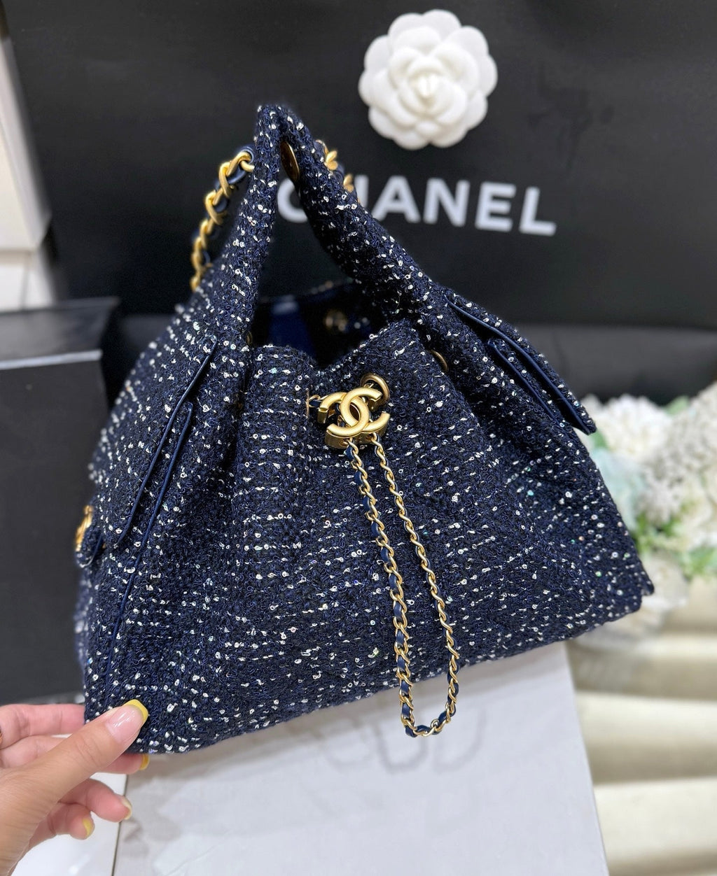 CC 25s Hobo Bag 30cm Dark Blue Tweed Wool