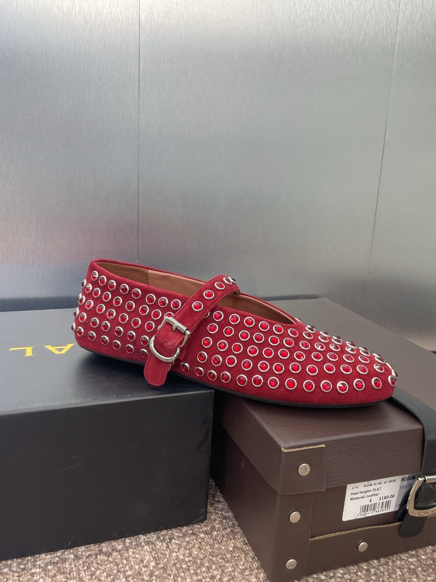 ALAIA MARY JANE FLAT 25S IN DARK RED LAMBSKIN EMBELLISHED WITH CRYSTALS