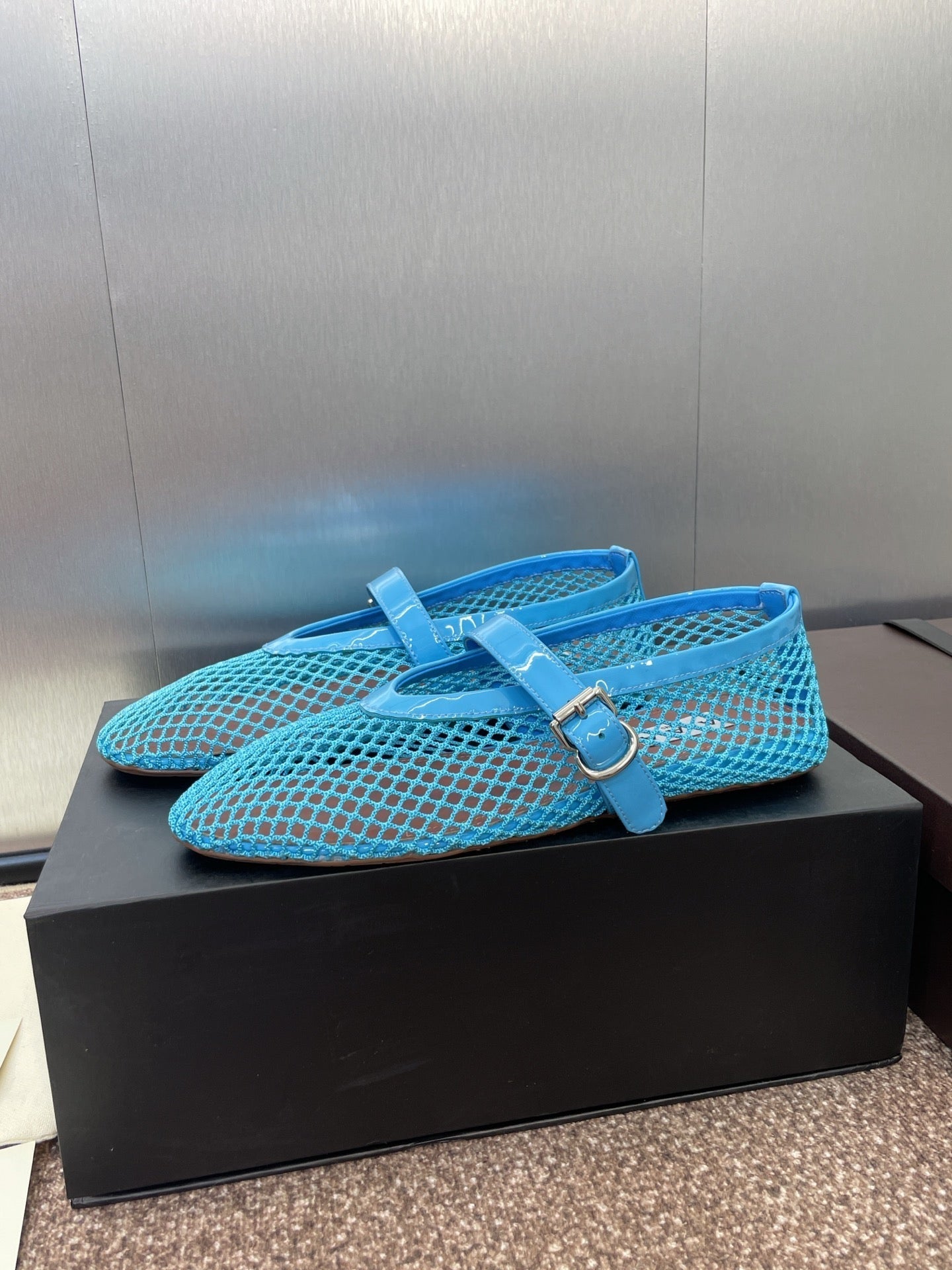 ALAIA MARY JANE FLAT 25S IN BLUE MESH CALFSKIN