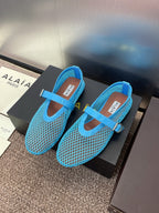 ALAIA MARY JANE FLAT 25S IN BLUE MESH CALFSKIN