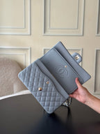 CHANEL 25S CLASSIC FLAP BAG 25 CM IN SLATE BLUE GRAY LAMBSKIN WITH GOLD HARDWARE