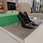 POINTED BB GOLD BUCKLE HIGH PUMPS IN BLACK CROCODILE PATTERN CALFSKIN