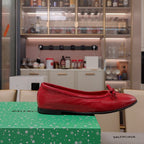 RHINESTONE BALLET FLATS WITH BOW IN RED WAX-OIL SHEEPSKIN