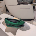 RHINESTONE BALLET FLATS WITH BOW IN FUN GREEN SHEEPSKIN