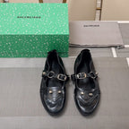 STUDDED MARY JANE FLATS IN BLACK SHINY LAMBSKIN