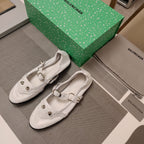 STUDDED MARY JANE FLATS IN WHITE SHINY LAMBSKIN