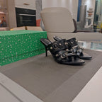 STRAPPY HIGH-HEELED SANDALS IN BLACK STUDDED WAX-OIL SHEEPSKIN