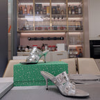 STRAPPY HIGH-HEELED SANDALS IN SILVER STUDDED WAX-OIL SHEEPSKIN
